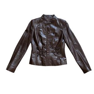 Gorgeous Dark Brown Lambskin Leather Jacket with Leather Flower Appliqués Sz. 8